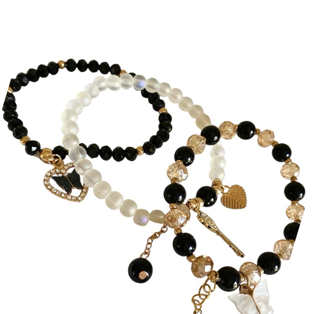 5/$25  3pc Elegant Black and Gold Beaded stretch  Bracelet Set with charms